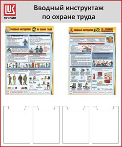 Стенд Вводный инструктаж по охране труда, 4 кармана А4, 2 плаката А2, Логотип (1000х1200; Пластик ПВХ 4 мм, алюминиевый профиль; Алюминиевый профиль)